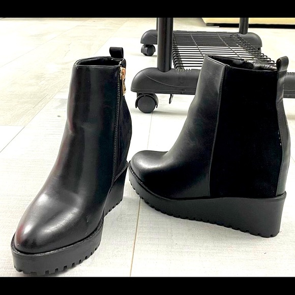 Black Leather +Suede Platform Ankle Boots from UK 🇬🇧 - Picture 1 of 15